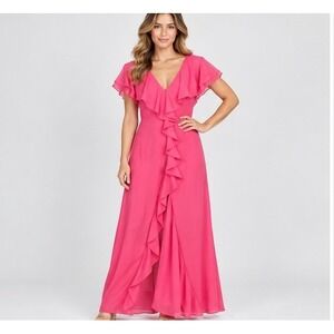 Yaura Womens UK 10 Pink Isioma Maxi Dress Ruffle V-Neck Flutter Sleeve Gown